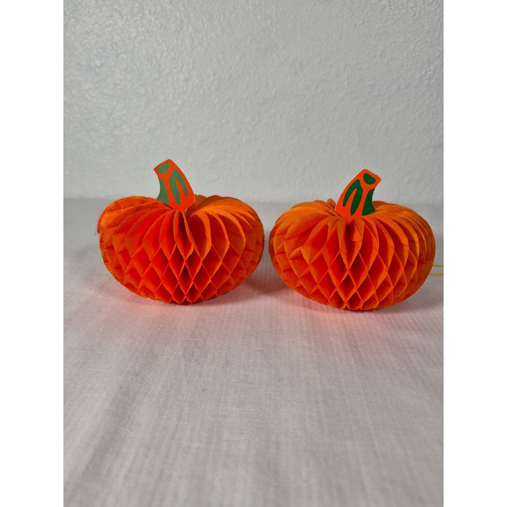Vtg Beistle Honeycomb Paper Pumpkin Decorations Set of 2 Orange Fall Decor